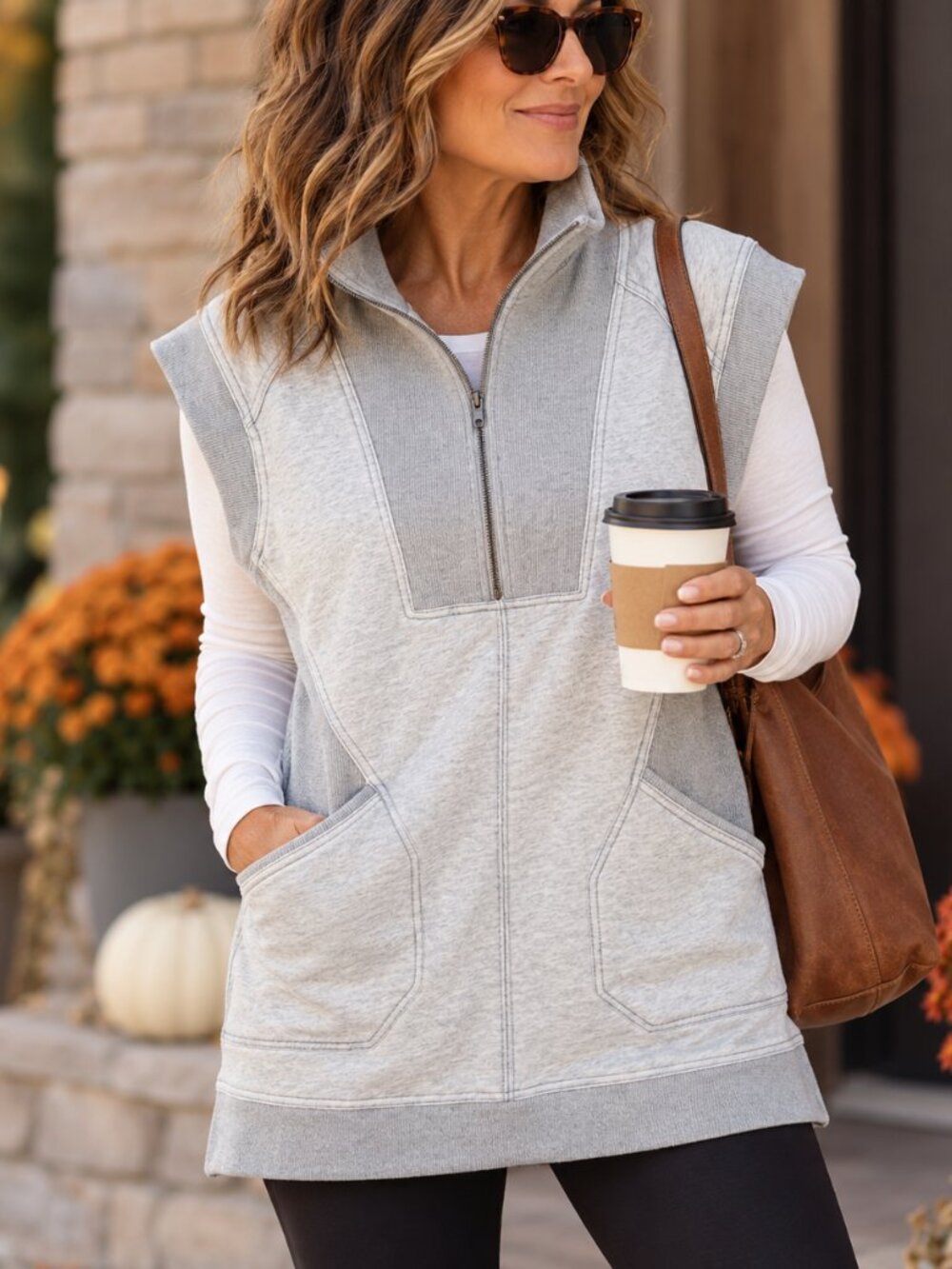BlueVelvet Gray Quarter Zip Sleeveless Tunic Sweatshirt Pockets Small